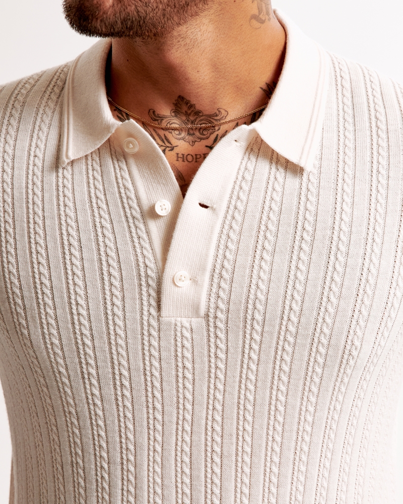 Merino Wool-Blend Cable 3-Button Sweater Polo