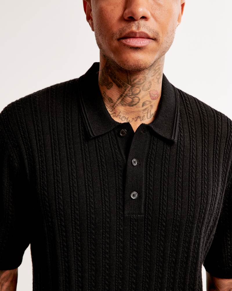Merino Wool-Blend Cable 3-Button Sweater Polo