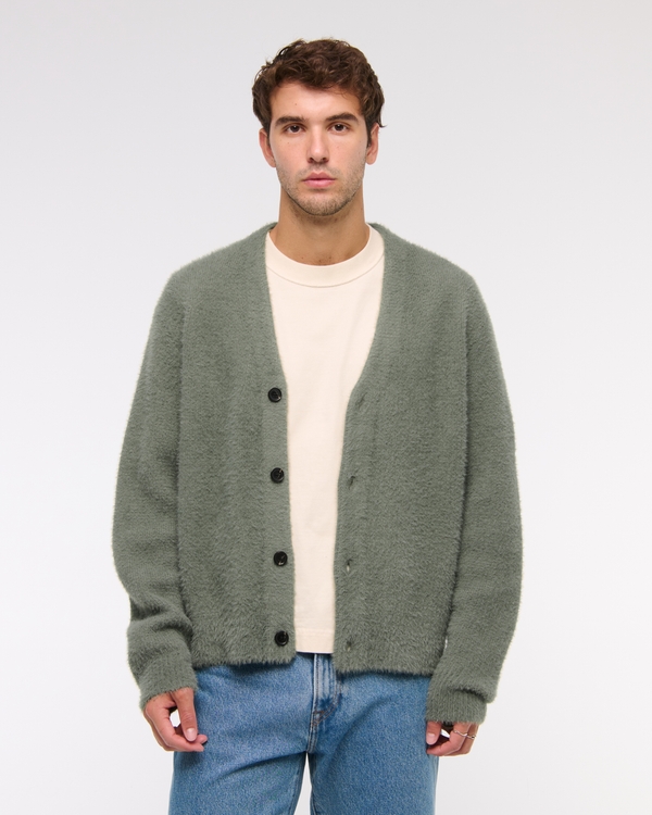 Fuzzy Cropped Cardigan, Muted Basil