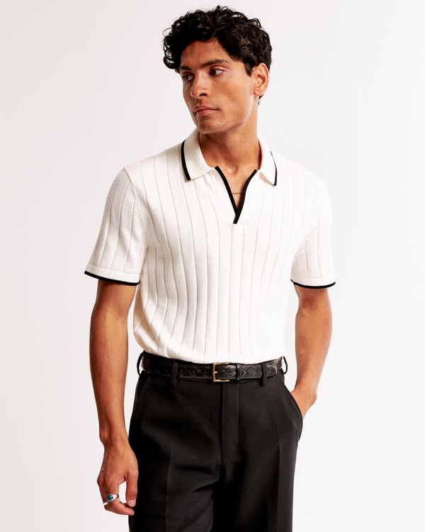 Classic Tipped Johnny Collar Sweater Polo, Cream