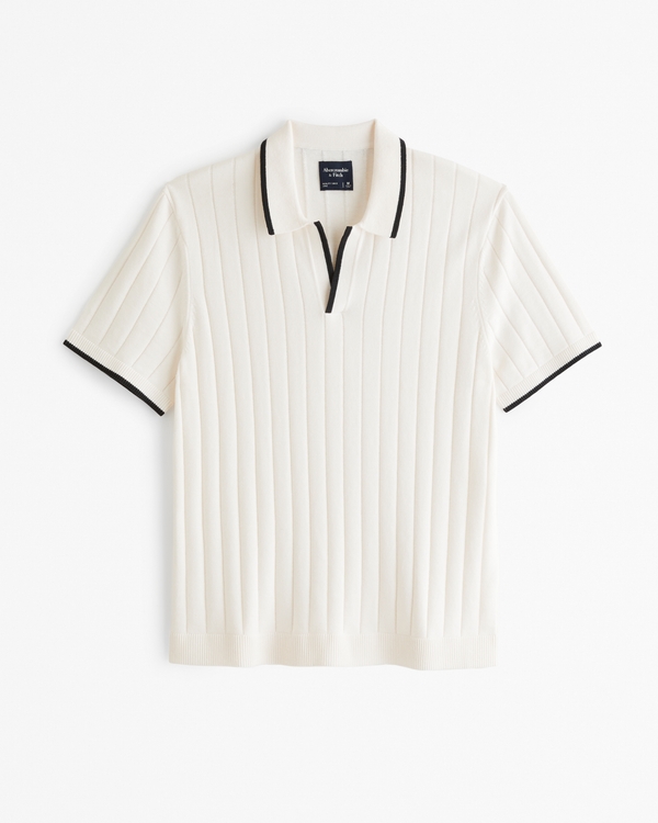 Classic Tipped Johnny Collar Sweater Polo, Cream