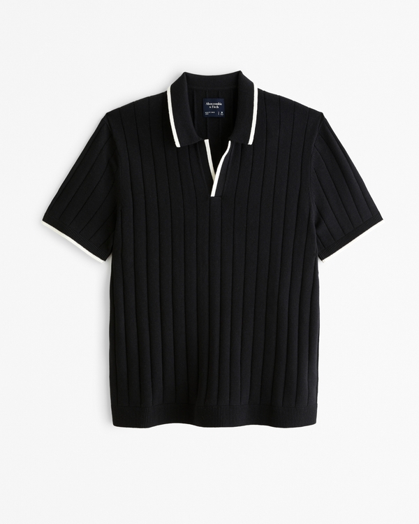 Classic Tipped Johnny Collar Sweater Polo, Black