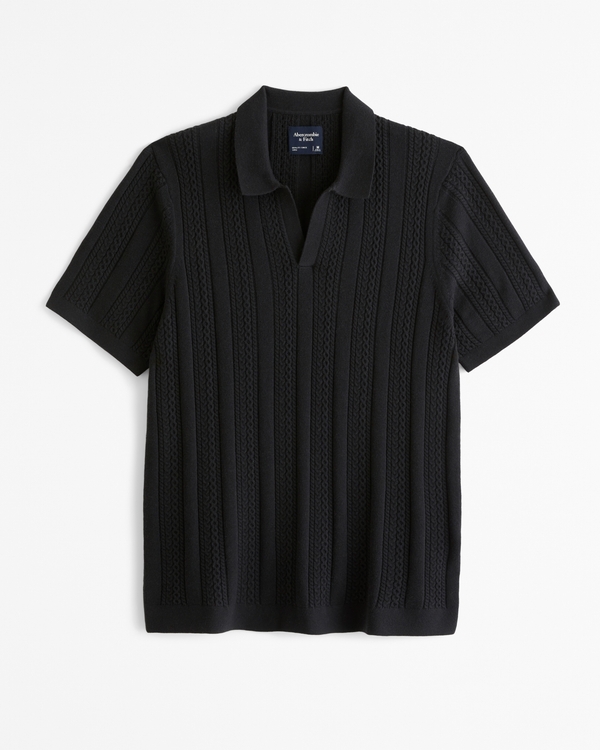 Cable Stitch Johnny Collar Sweater Polo, Black