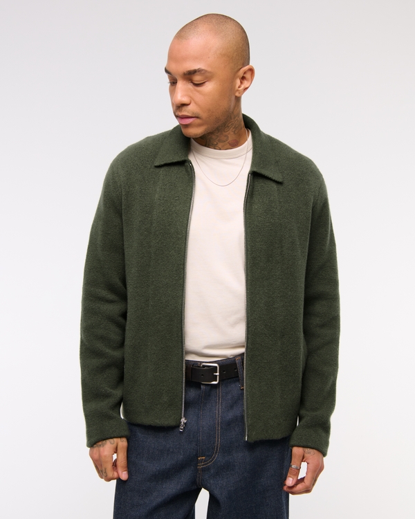 Cropped Sweater Shirt Jacket, Dark Green view 1