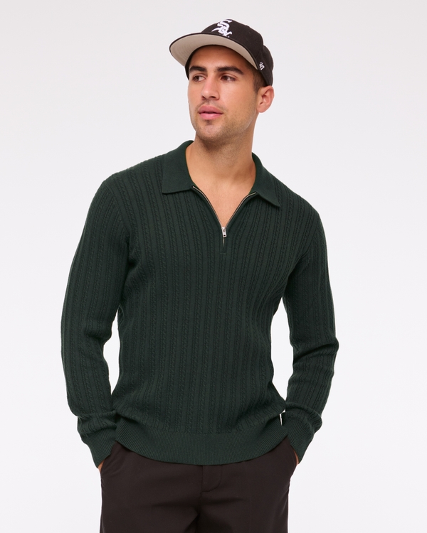 Long-Sleeve Zip Sweater Polo, Deep Green