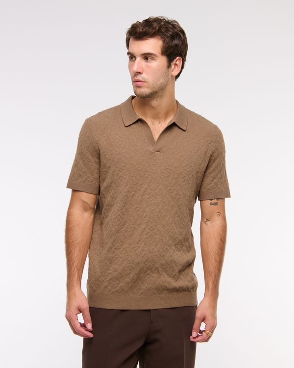 Jacquard Pattern Johnny Collar Sweater Polo, Umber