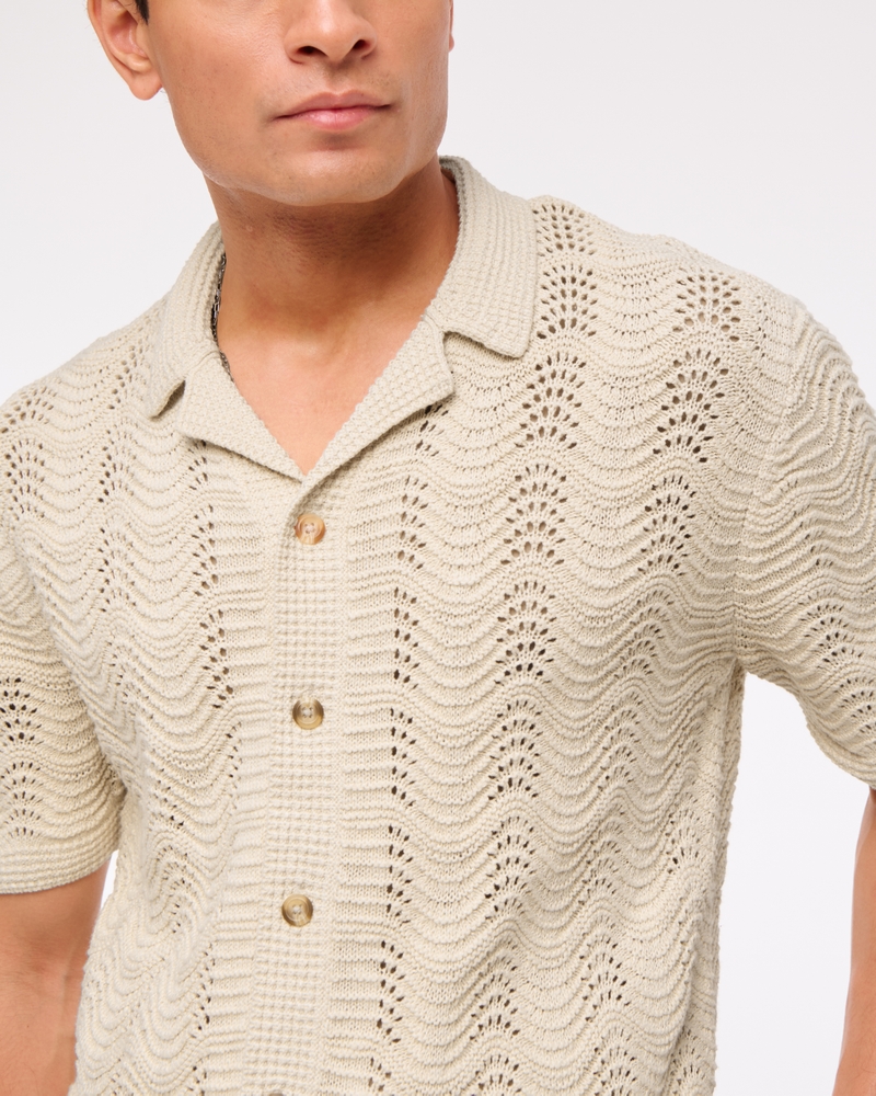 Wavy Crochet-Style Button-Through Sweater Polo