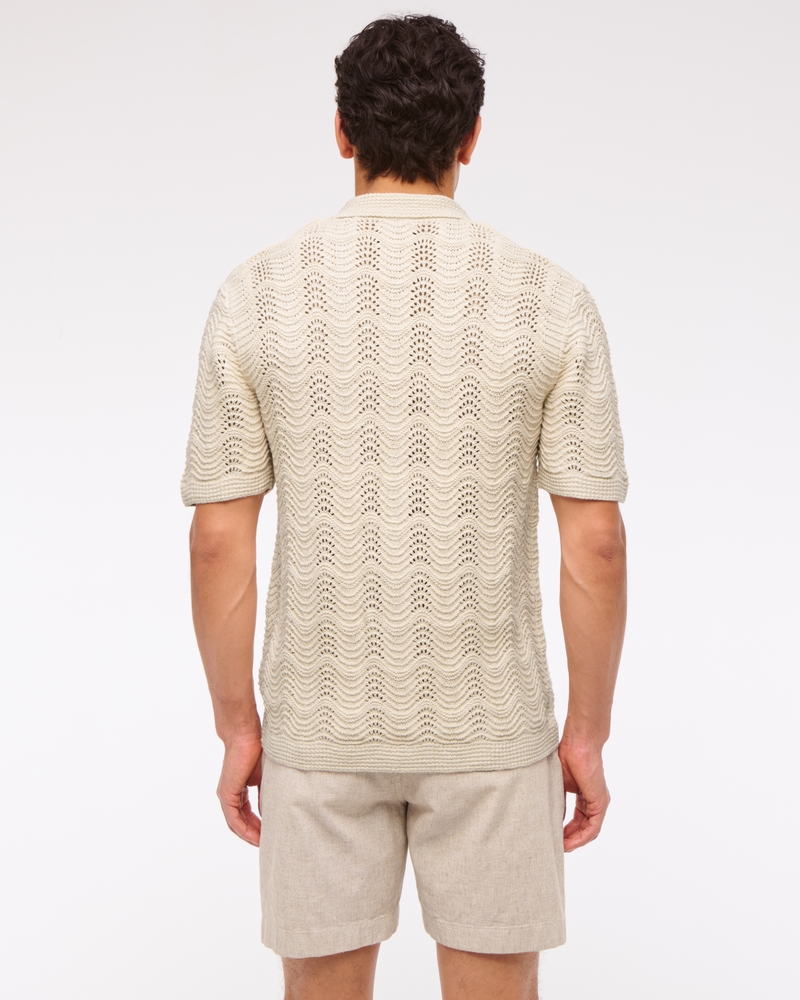 Wavy Crochet-Style Button-Through Sweater Polo