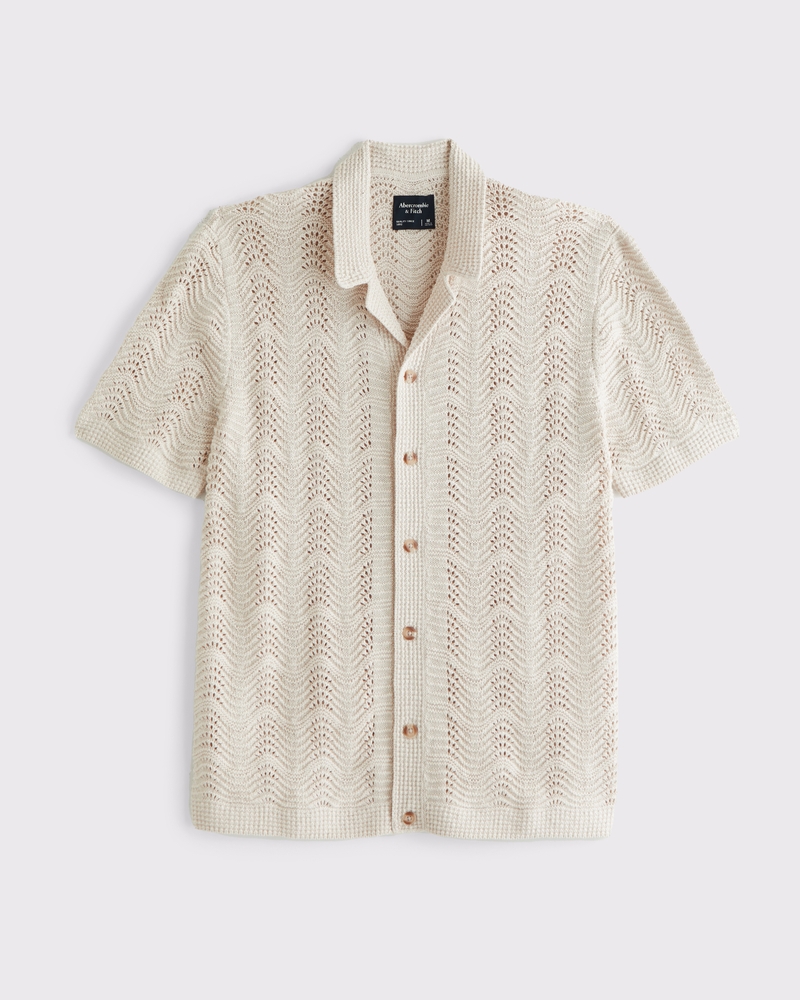Wavy Crochet-Style Button-Through Sweater Polo