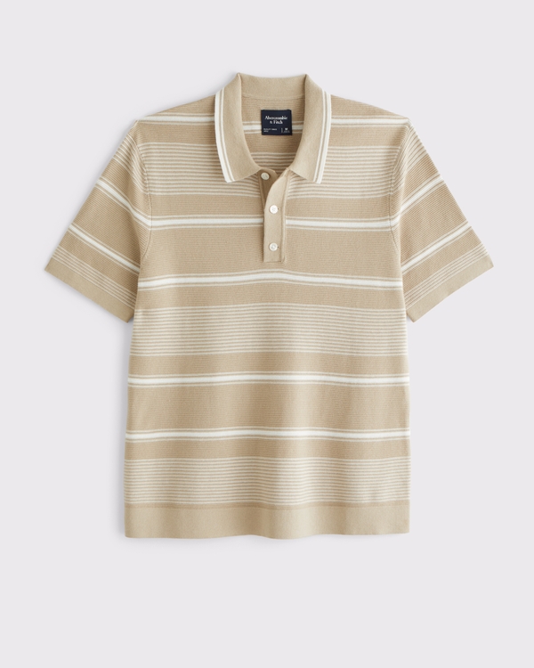 Striped 3-Button Sweater Polo, Creamy Brown Stripe view 1