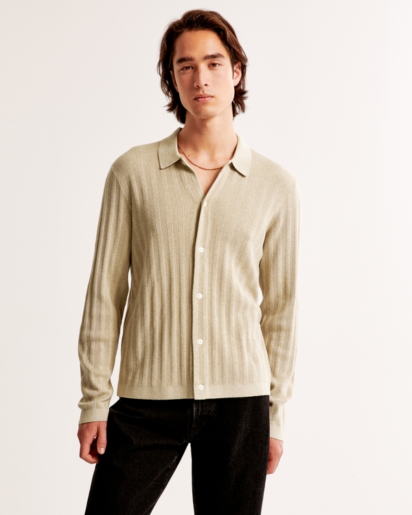 Pima Cotton Long-Sleeve Button-Through Sweater Polo, Beige