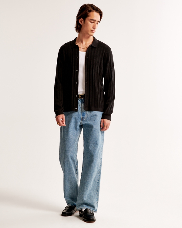 Pima Cotton Long-Sleeve Button-Through Sweater Polo, Black