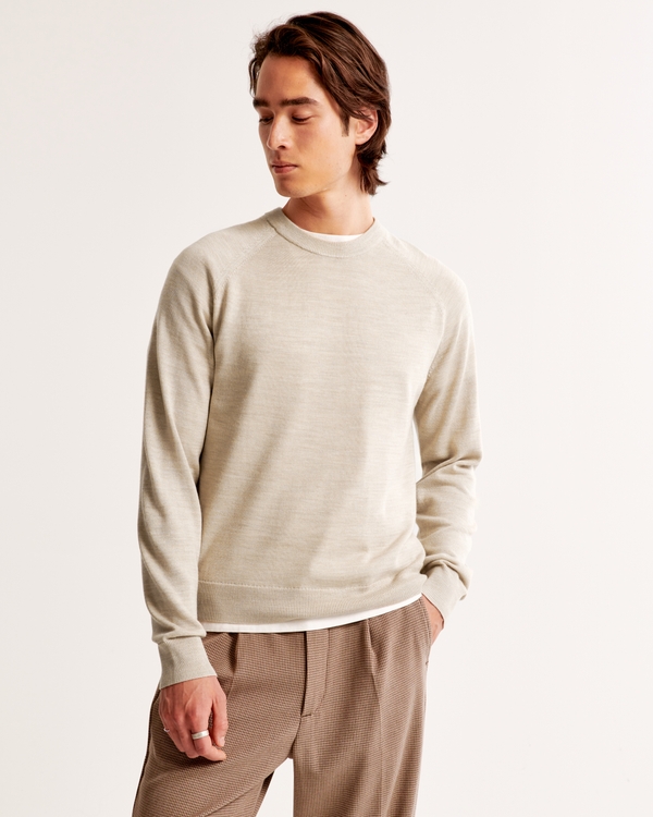 Merino Wool-Blend Crew Sweater, Beige