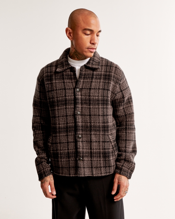 Cropped Sweater Shirt Jacket, Brown Pattern