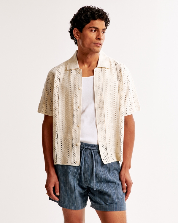 Crochet-Style Vertical Stripe Button-Through Sweater Polo, Cream