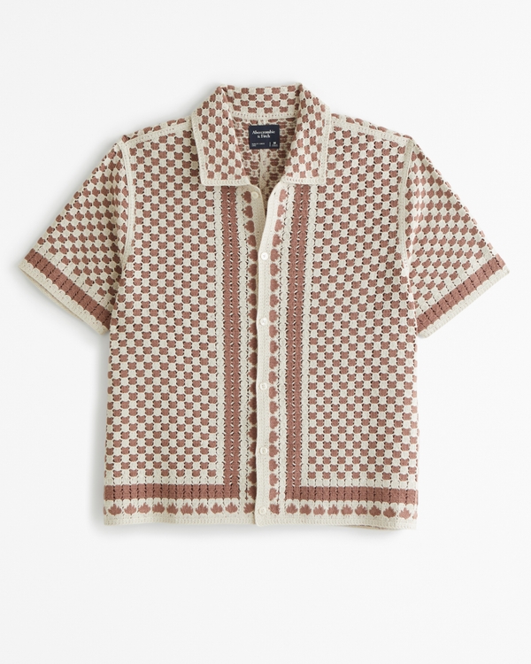 Crochet-Style Border Stripe Button-Through Sweater Polo, Dusty Copper Pattern