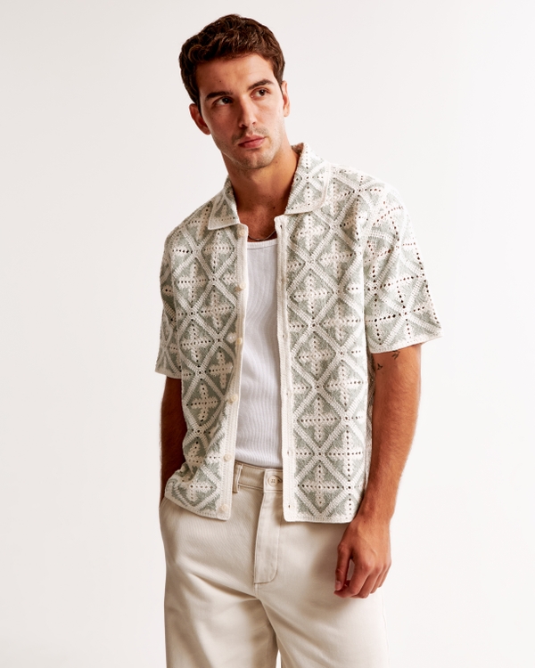 Crochet-Style Geometric Pattern Button-Through Sweater Polo, Light Green Pattern