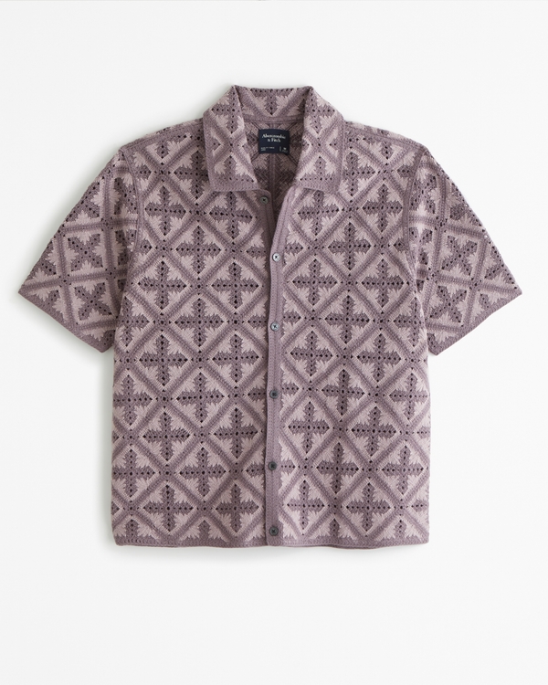 Crochet-Style Geometric Pattern Button-Through Sweater Polo, Light Purple Pattern