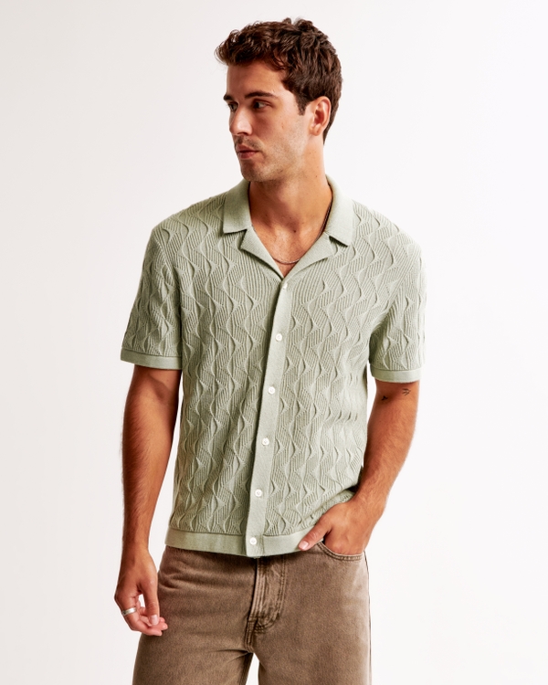 Geometric Stitch Button-Through Sweater Polo, Light Green