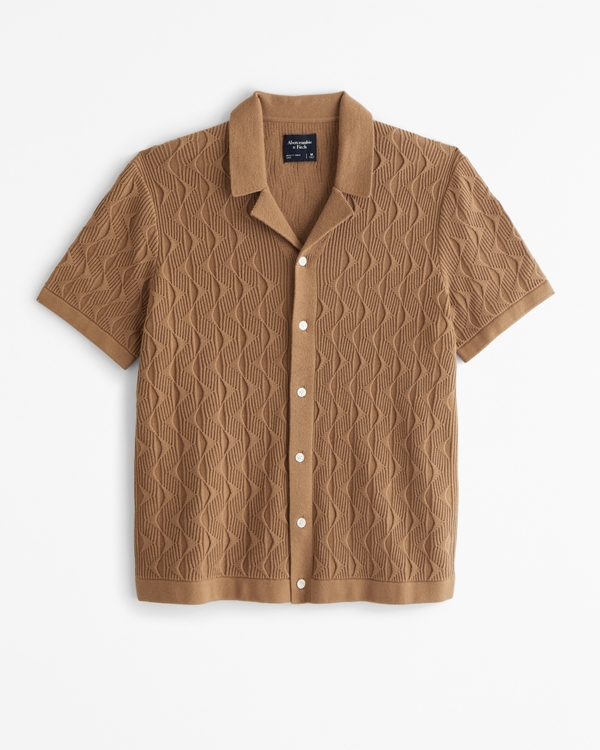 Geometric Stitch Button-Through Sweater Polo, Brown