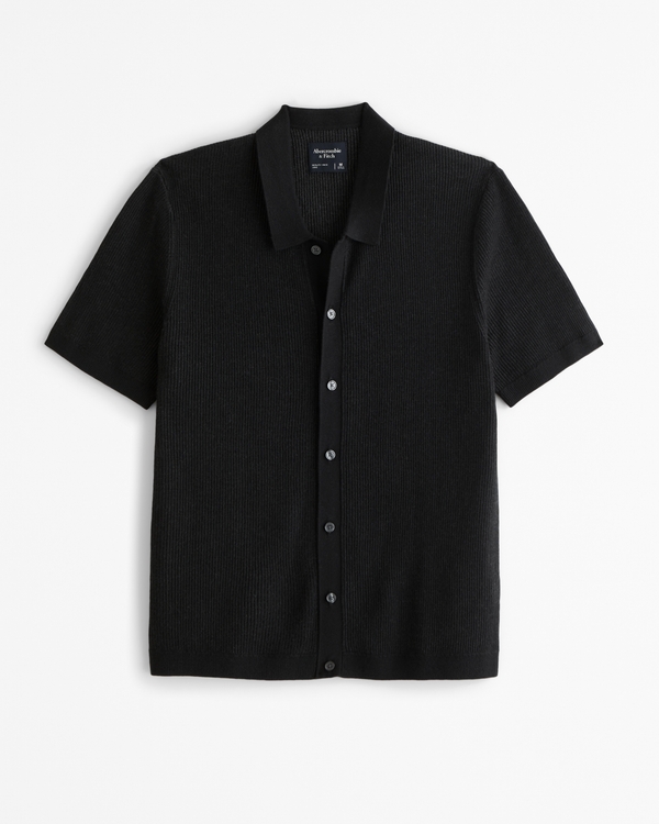 Plated Stitch Button-Through Sweater Polo, Black