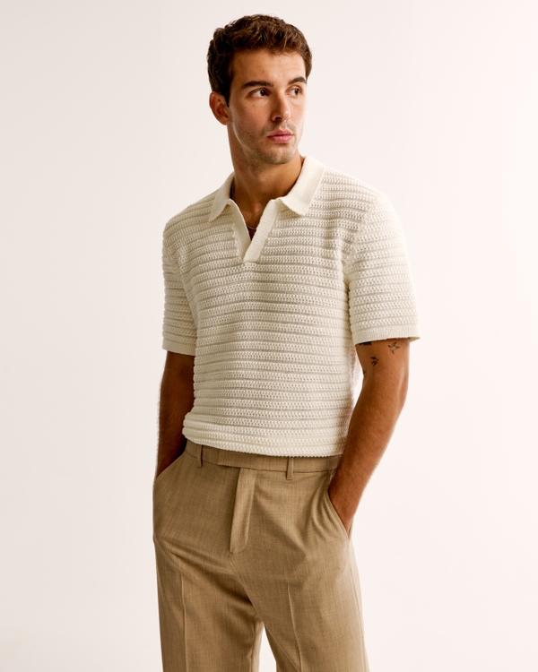 Textured Johnny Collar Sweater Polo, White