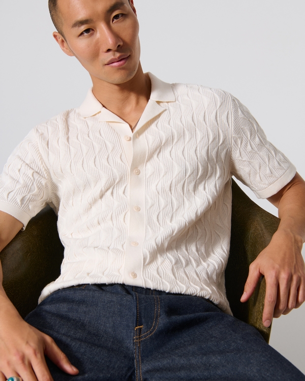 Geometric Stitch Button-Through Sweater Polo, Cream view 1