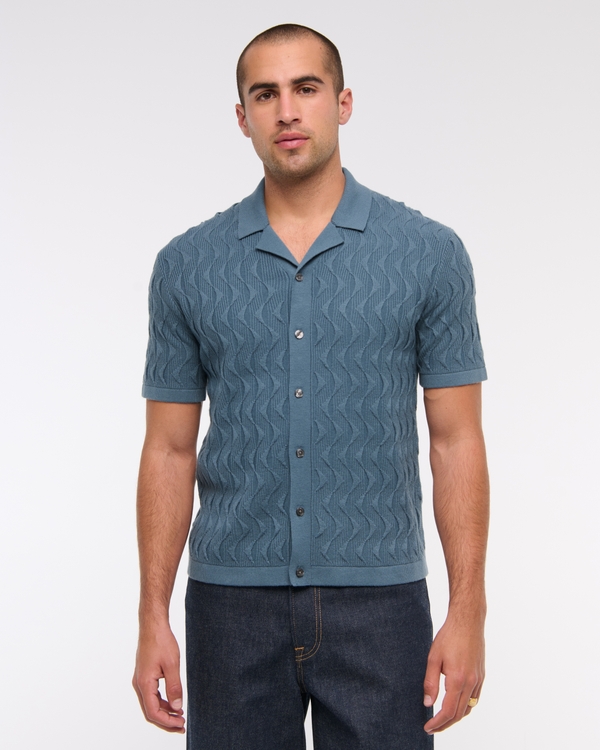 Geometric Stitch Button-Through Sweater Polo, Blue view 1