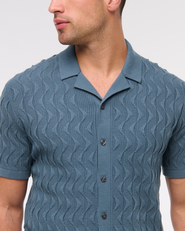 Geometric Stitch Button-Through Sweater Polo, Blue view 2