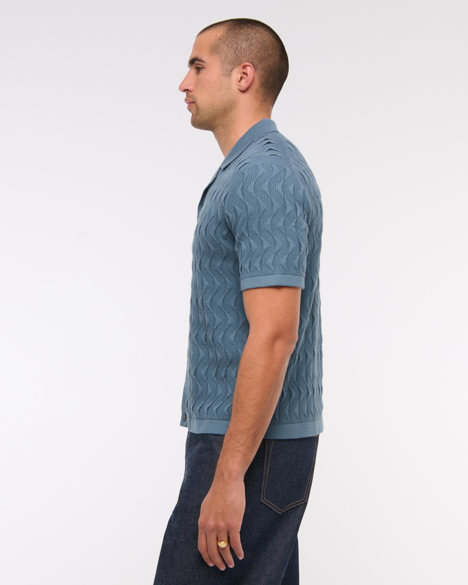Geometric Stitch Button-Through Sweater Polo