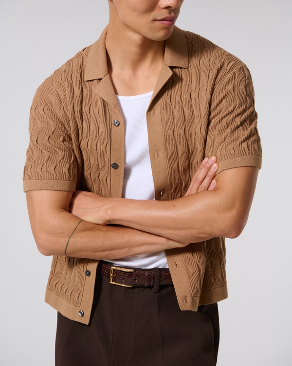 Geometric Stitch Button-Through Sweater Polo, Caramel view 1