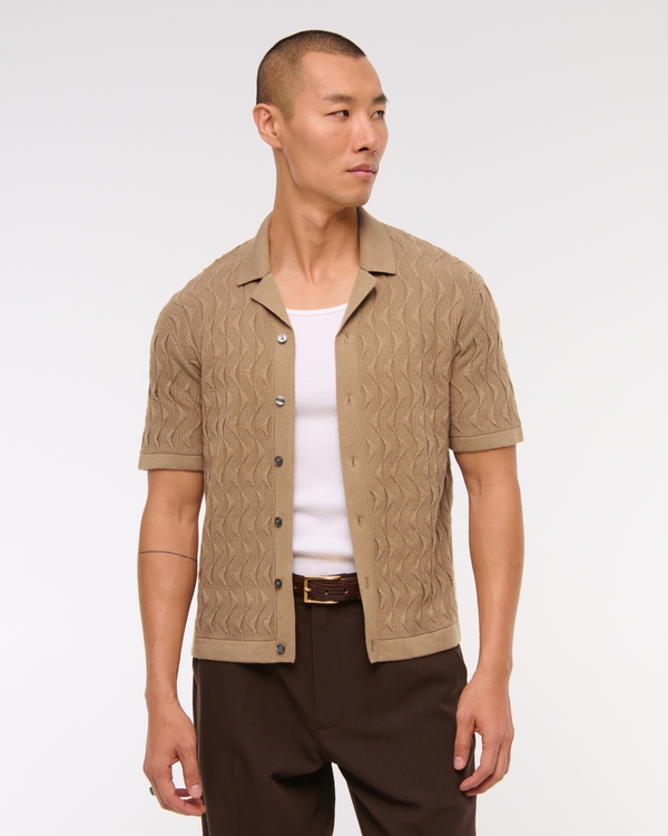 Geometric Stitch Button-Through Sweater Polo, Caramel view 2