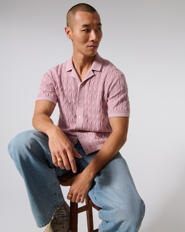 Geometric Stitch Button-Through Sweater Polo, Light Mauve view 1