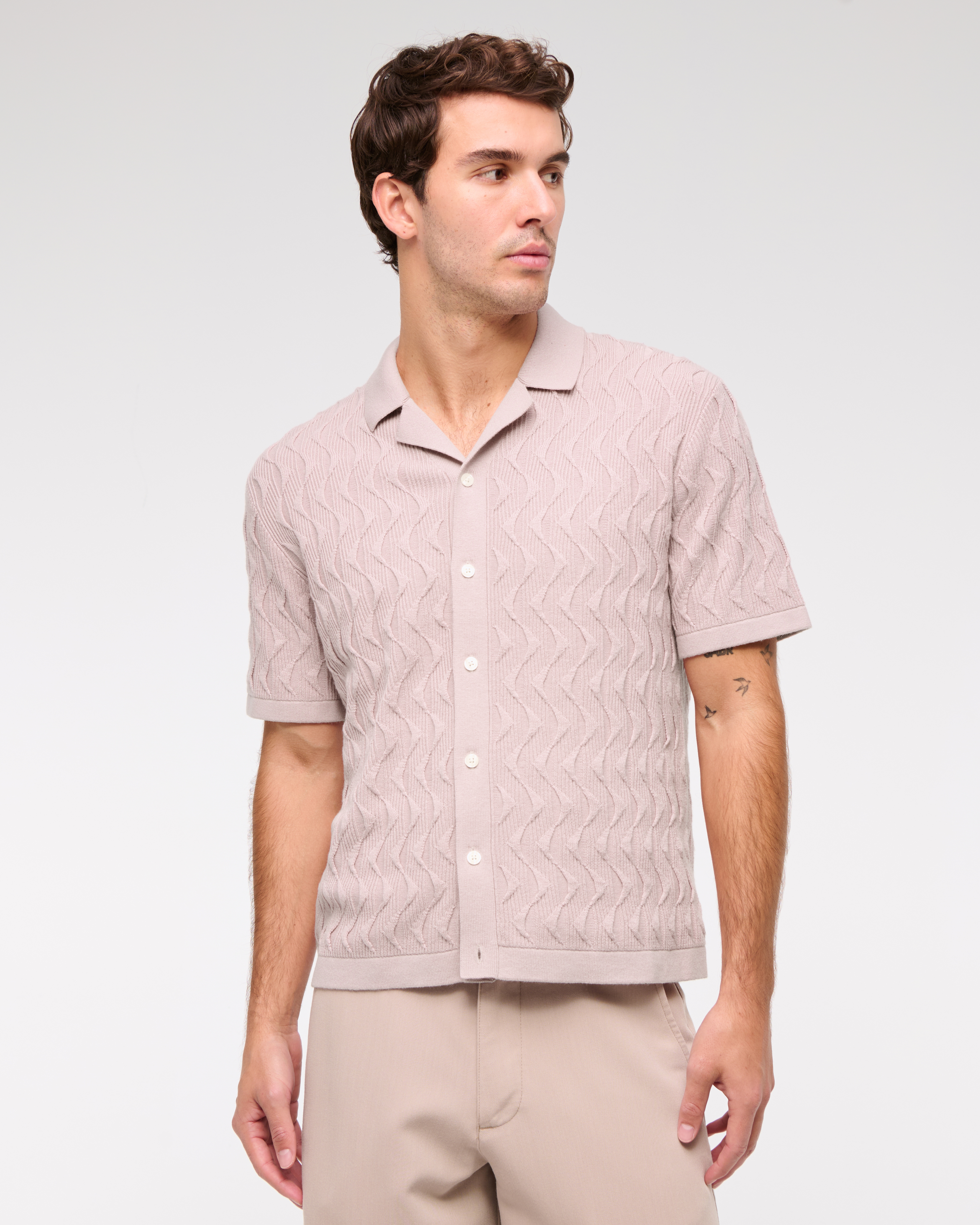 Abercrombie & Fitch Geometric Stitch Button-through Sweater Polo In Pink