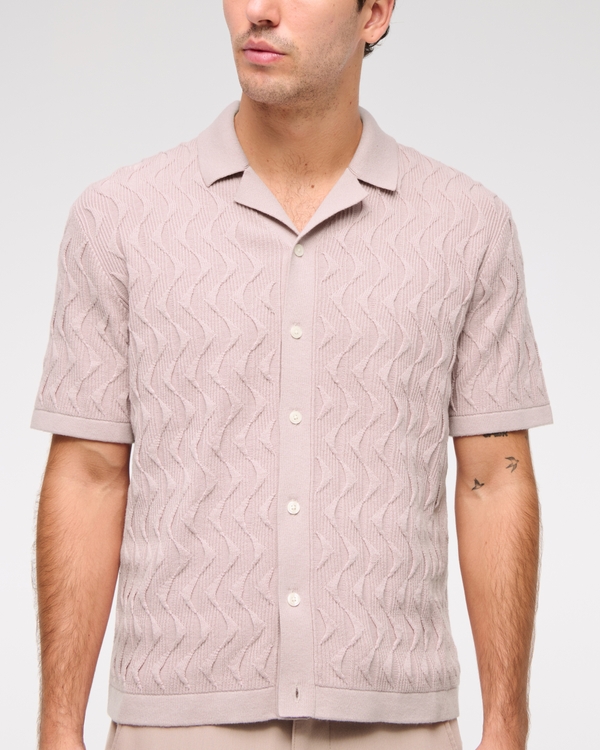 Geometric Stitch Button-Through Sweater Polo, Light Mauve view 2