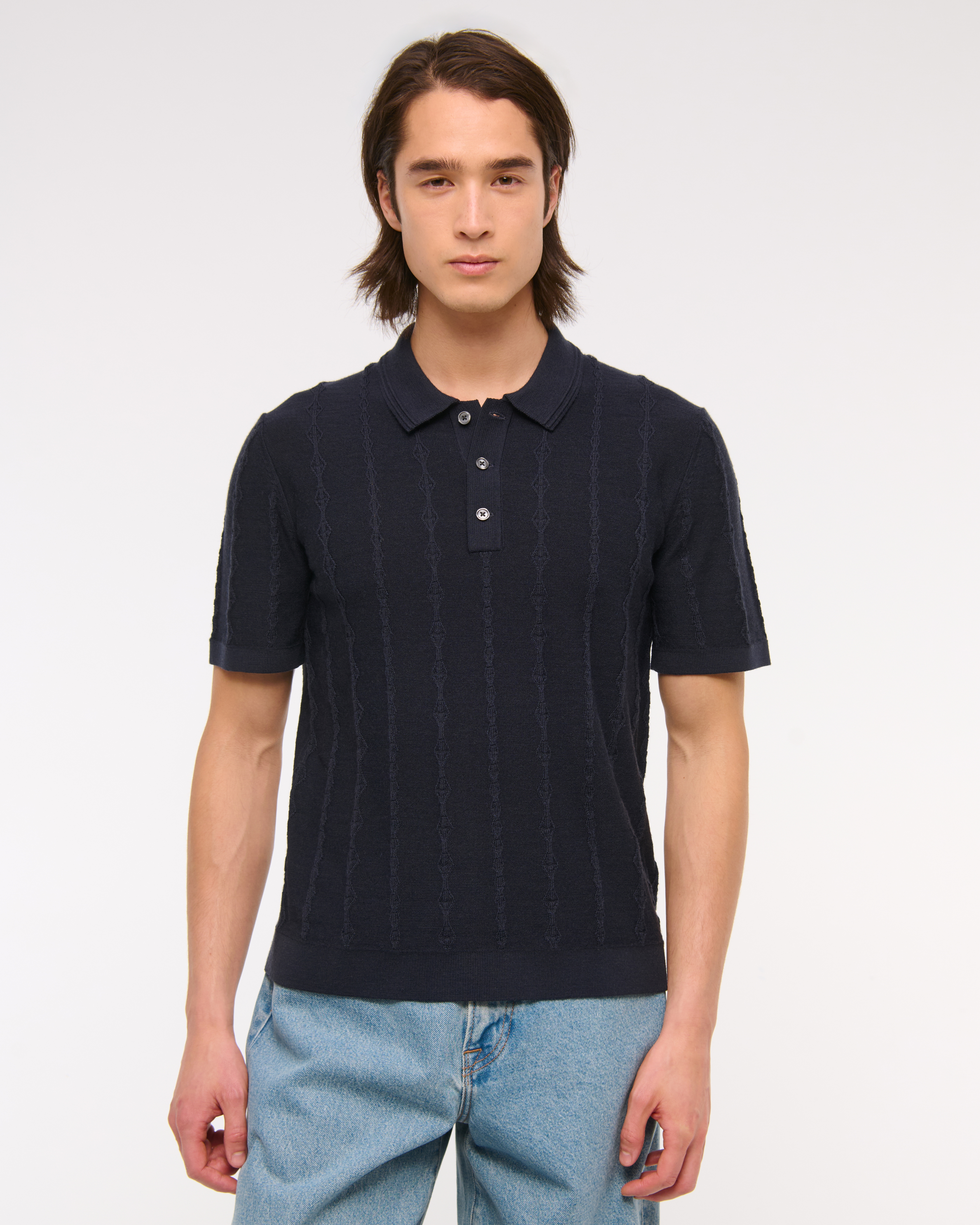 Abercrombie & Fitch Merino Wool-blend Stitch 3-button Sweater Polo In Blue