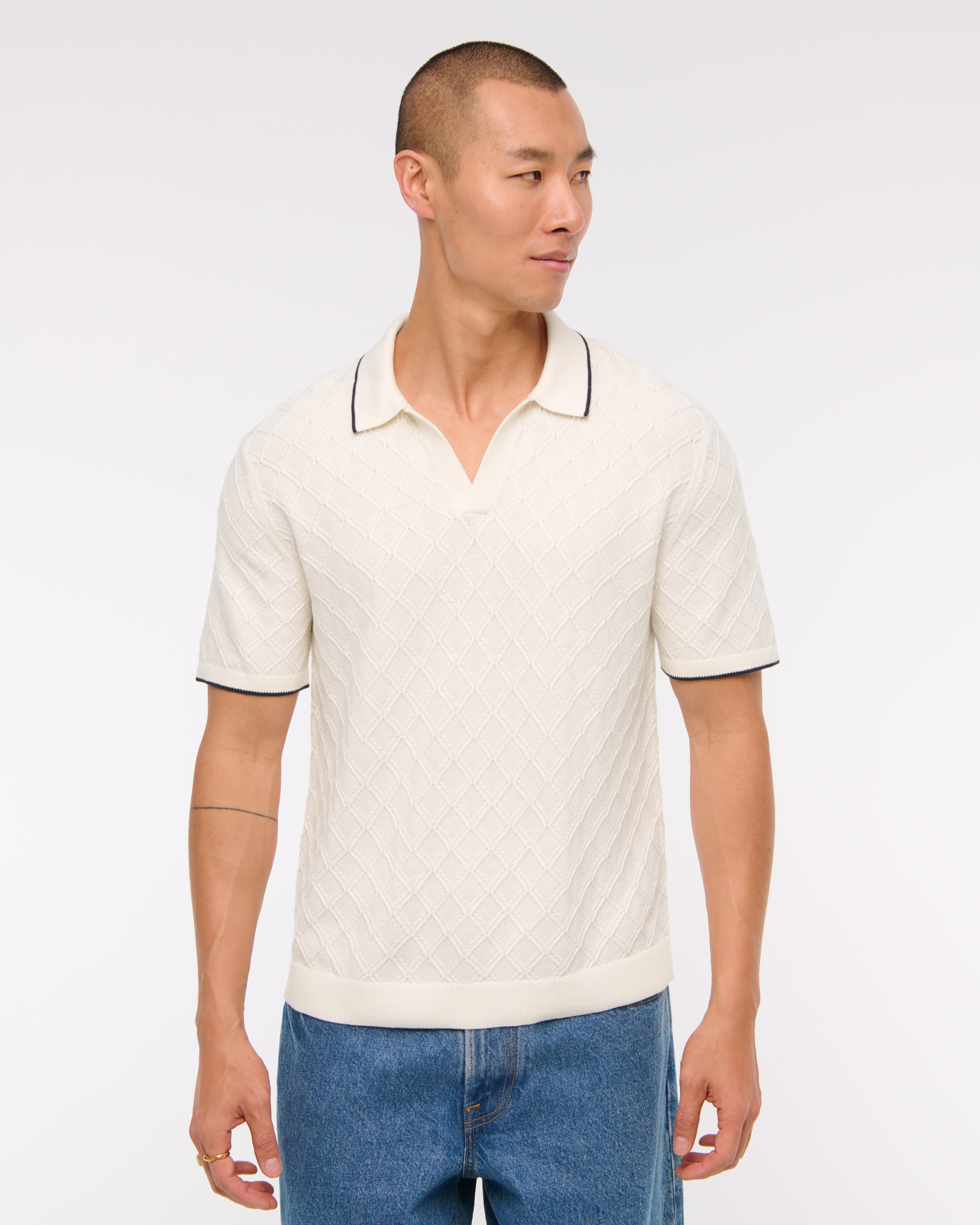 Abercrombie & Fitch Preppy Tipped Johnny Collar Sweater Polo In Neutral