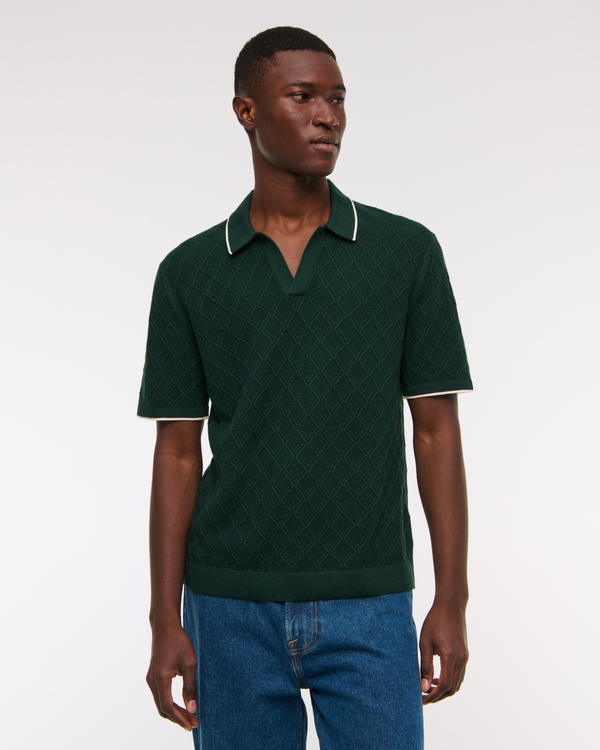 Preppy Tipped Johnny Collar Sweater Polo, Dark Green view 1