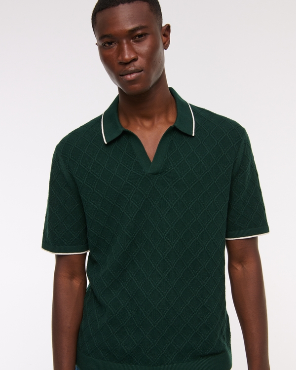 Preppy Tipped Johnny Collar Sweater Polo, Dark Green view 2