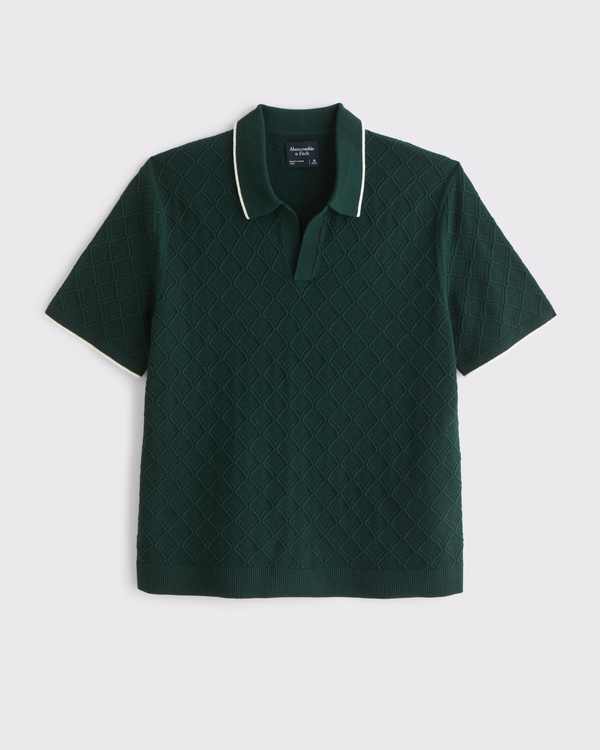 Preppy Tipped Johnny Collar Sweater Polo, Dark Green view 1