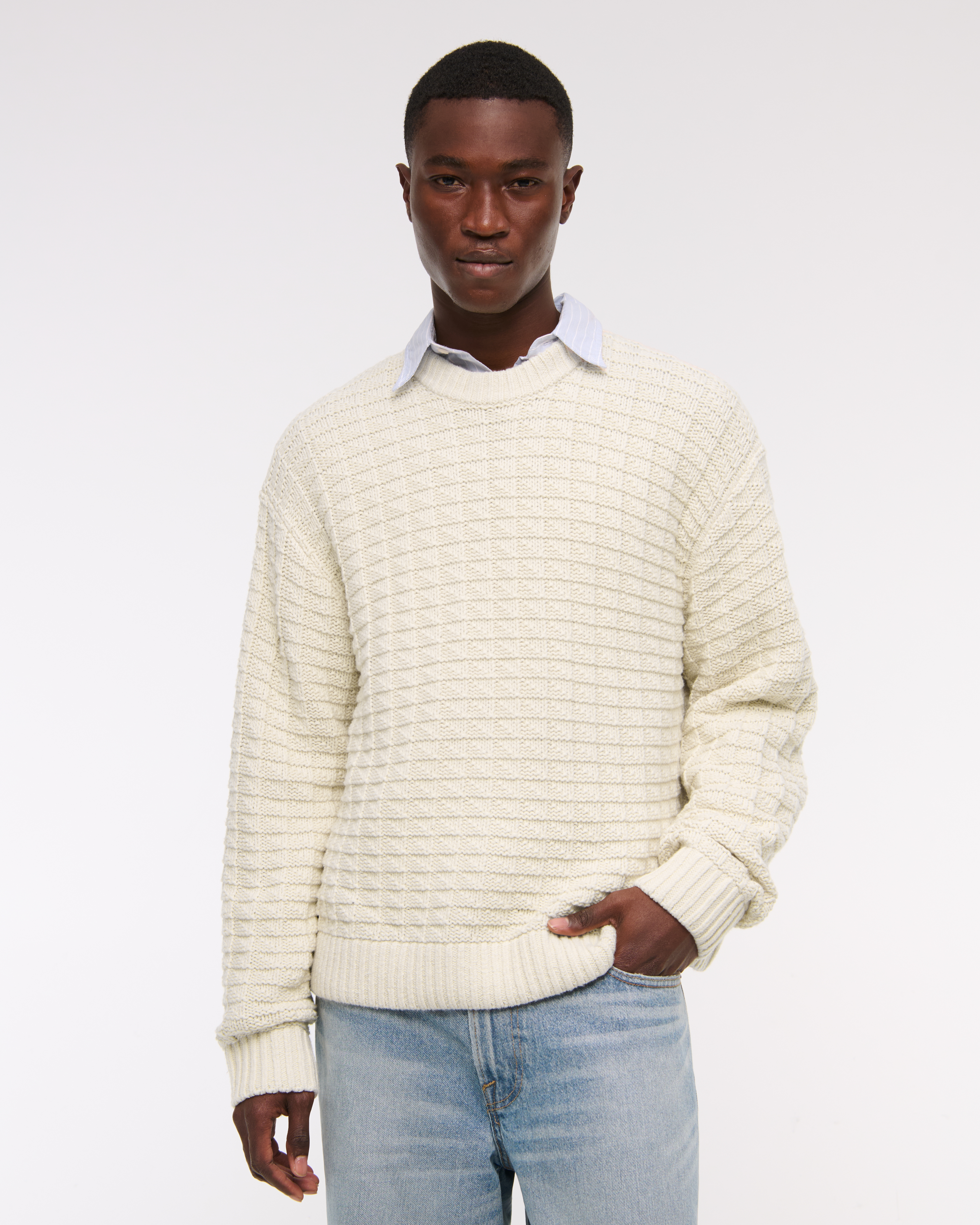 Abercrombie & Fitch Oversized Checkered Stitch Crew Sweater In Neutral
