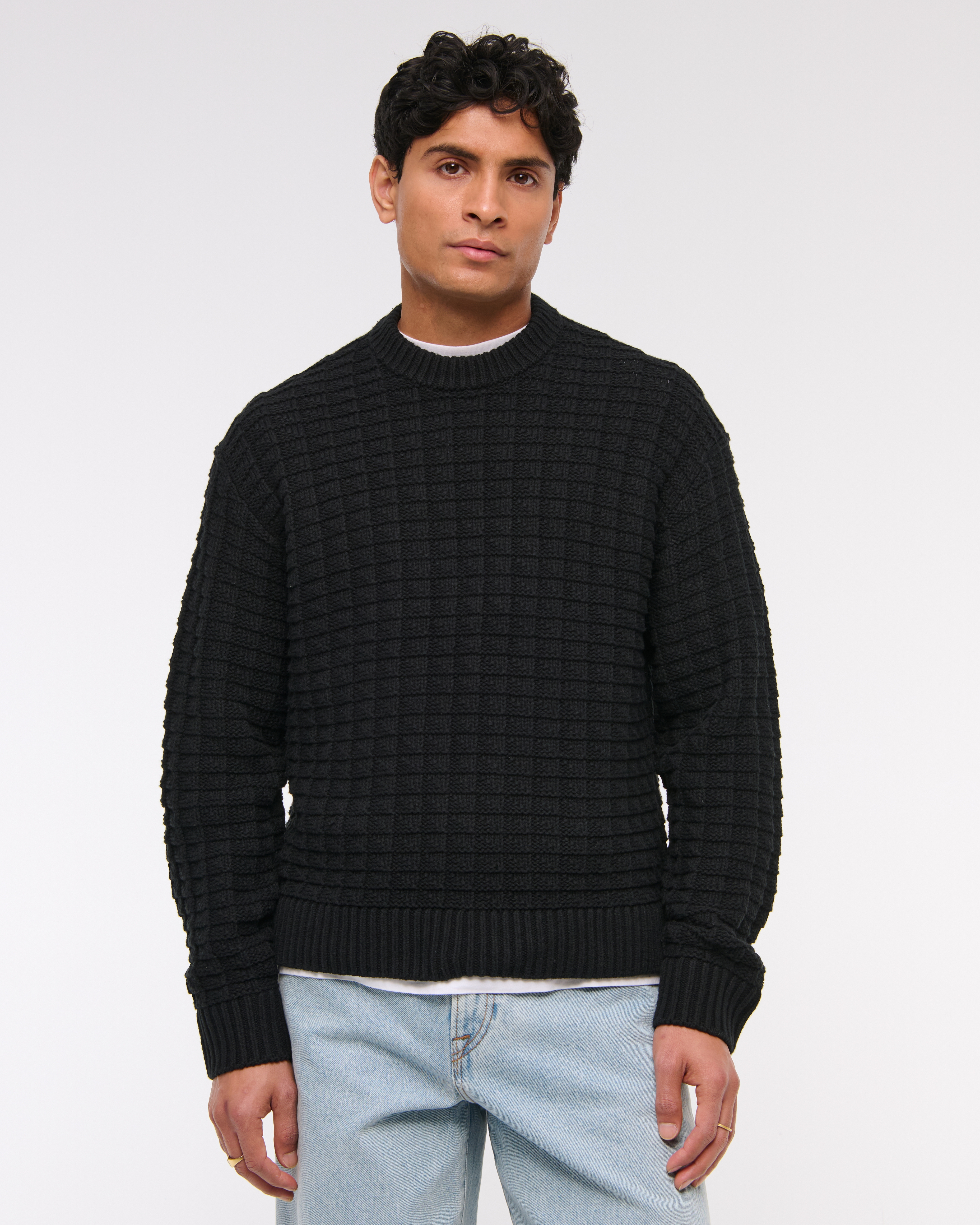 Abercrombie & Fitch Oversized Checkered Stitch Crew Sweater In Black