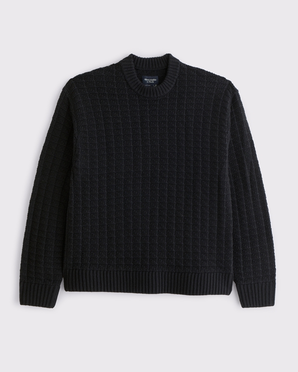 Oversized Checkered Stitch Crew Sweater, Black view 1