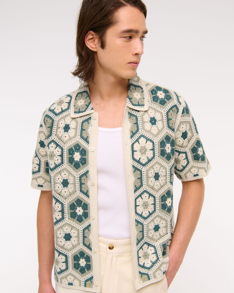 Crochet-Style Floral Button-Through Sweater Polo
