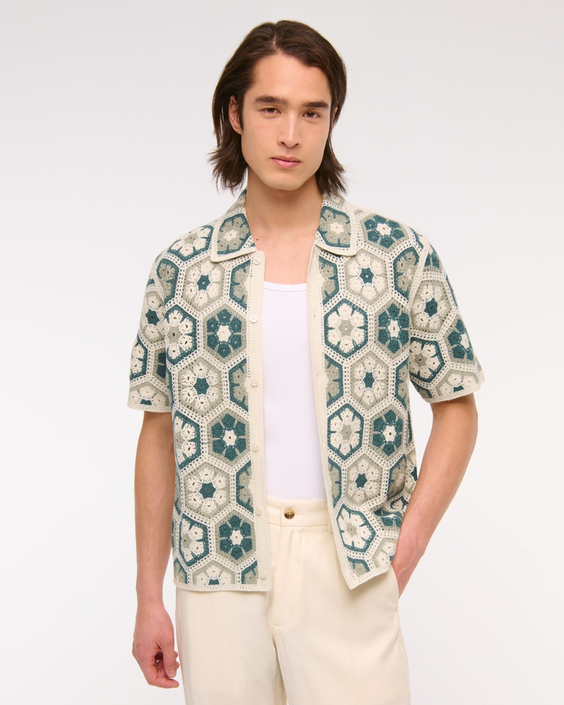 Crochet-Style Floral Button-Through Sweater Polo