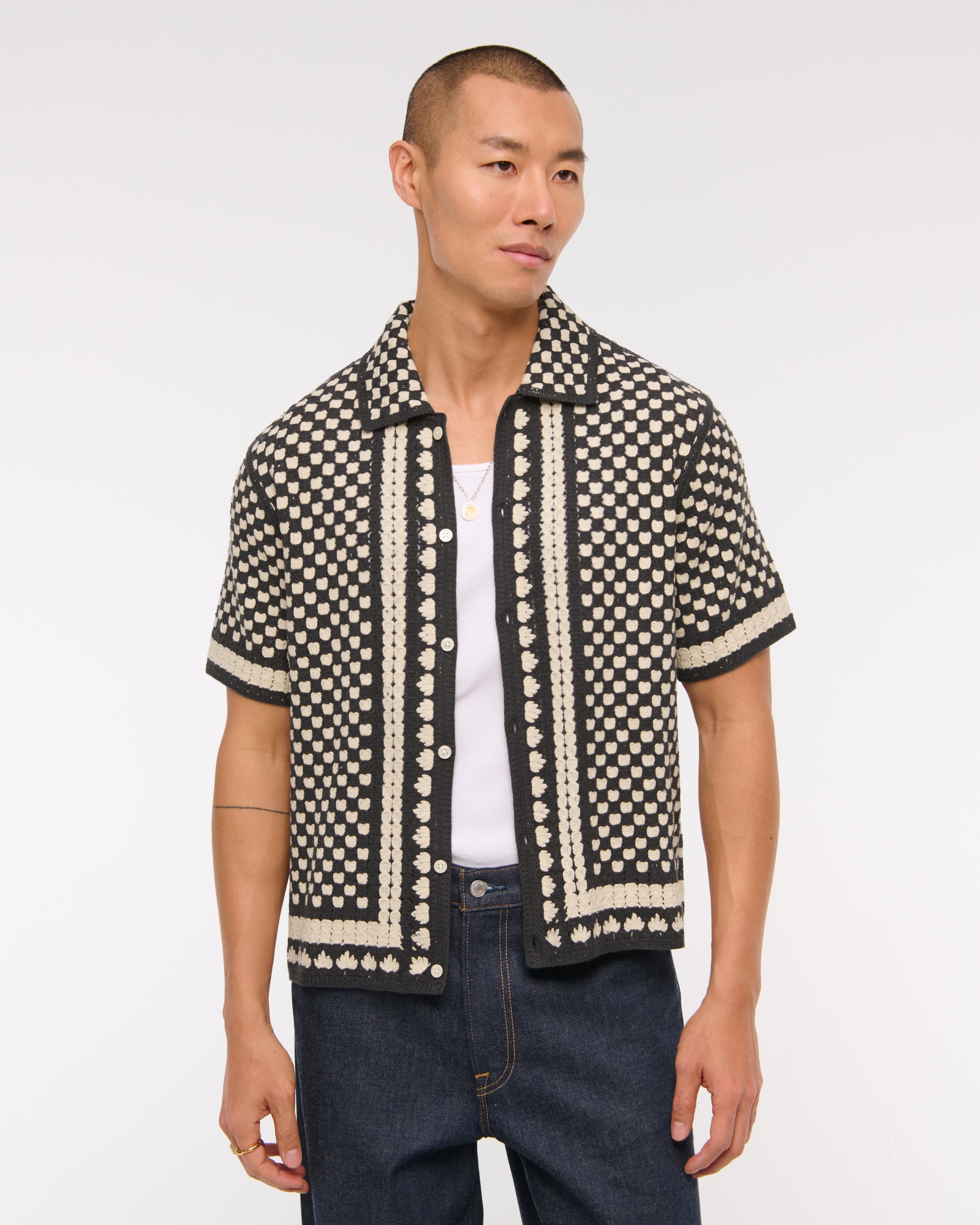 Crochet-Style Border Stripe Button-Through Sweater Polo
