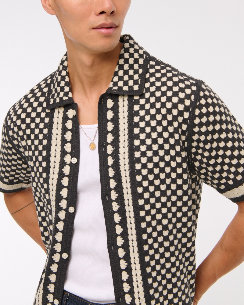 Crochet-Style Border Stripe Button-Through Sweater Polo
