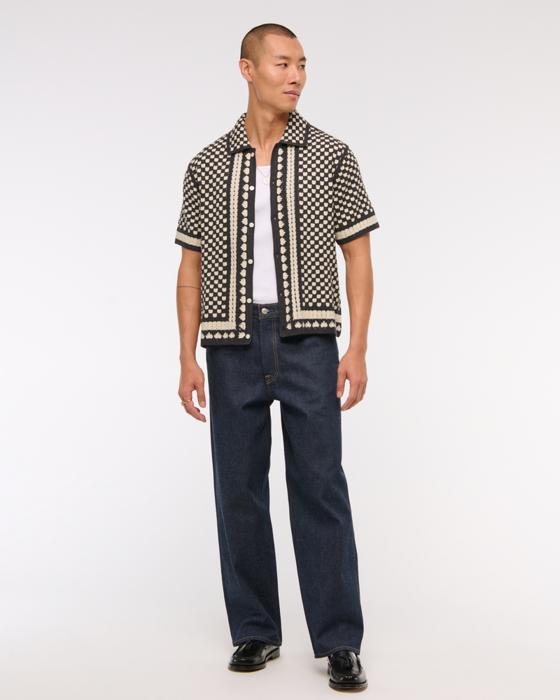 Crochet-Style Border Stripe Button-Through Sweater Polo