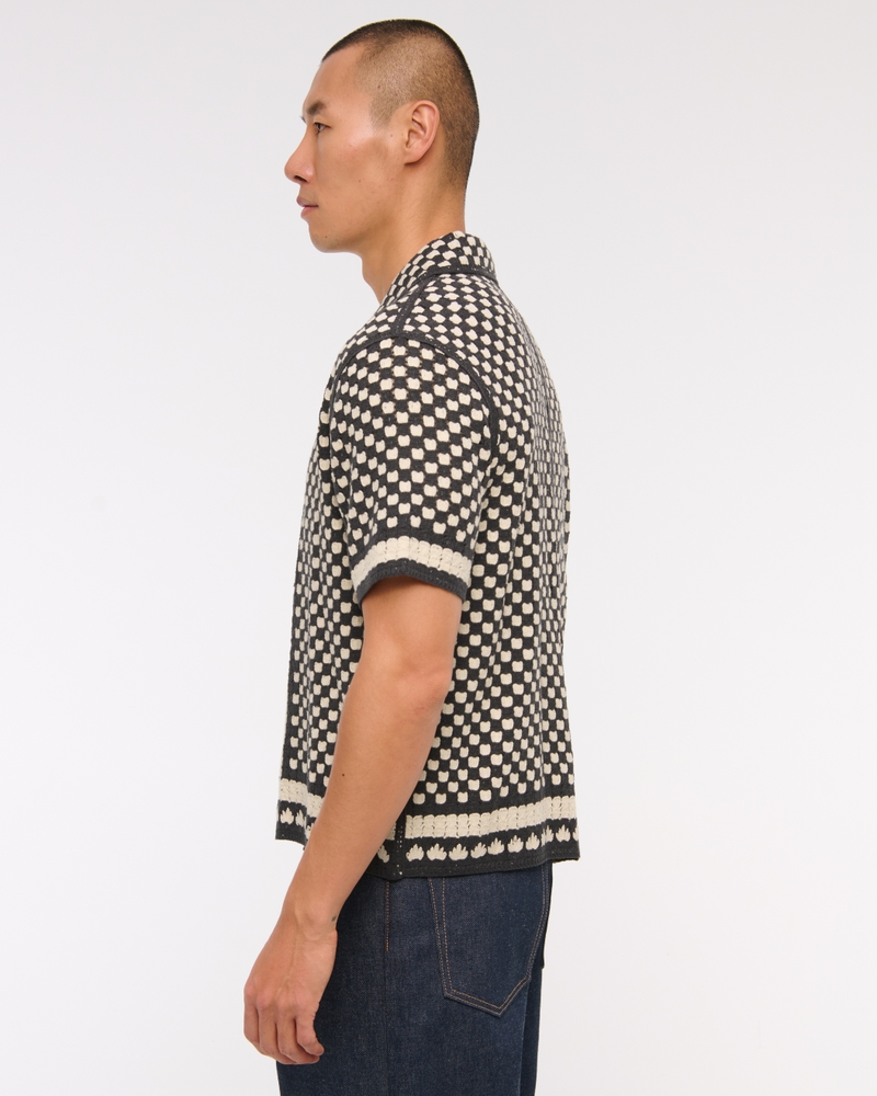 Crochet-Style Border Stripe Button-Through Sweater Polo