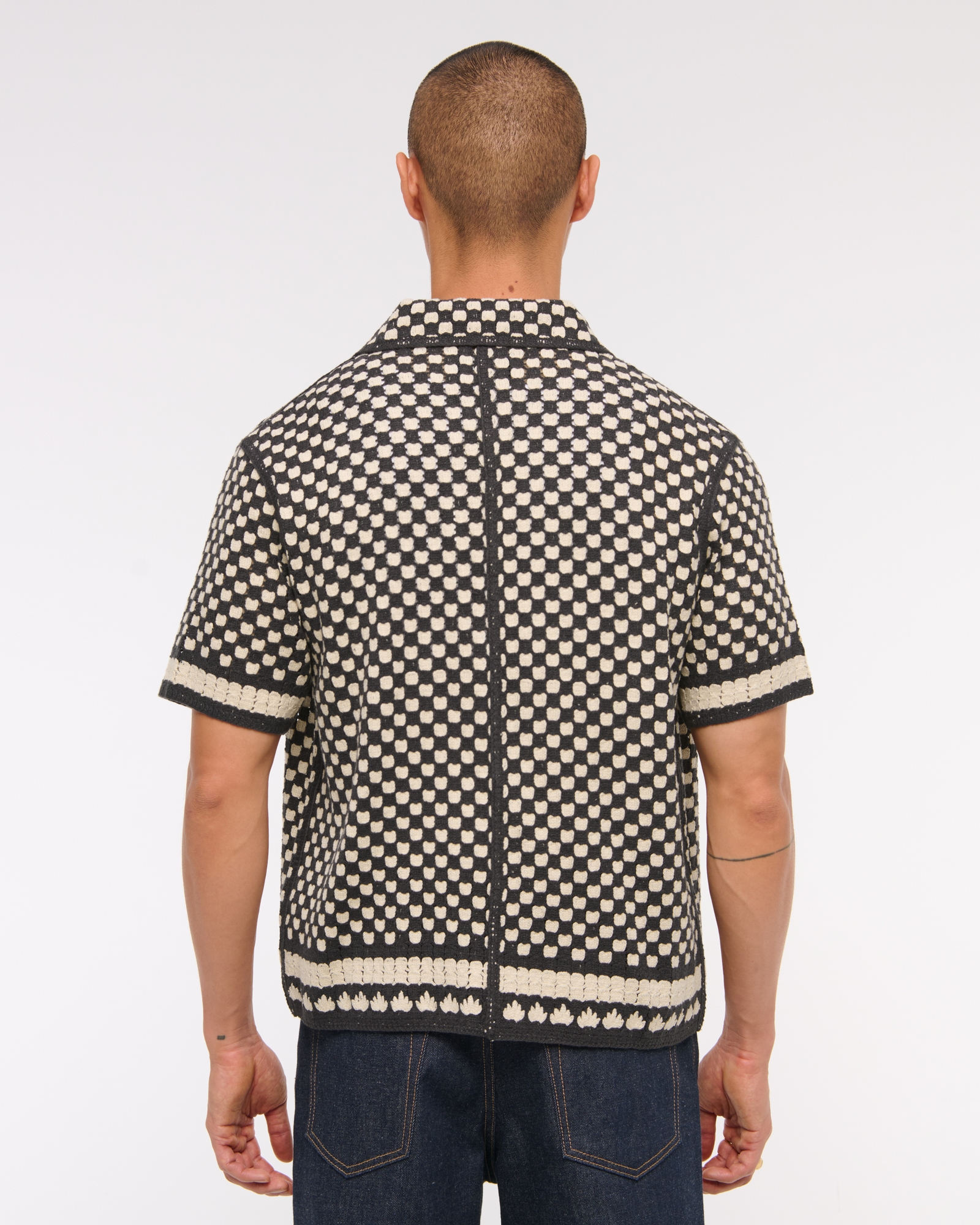 Crochet-Style Border Stripe Button-Through Sweater Polo